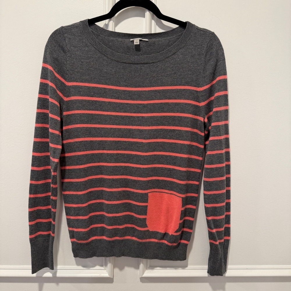 Halogen Striped‎ Sweater Gray Coral Long Sleeve Crew Neck Pocket Women's S